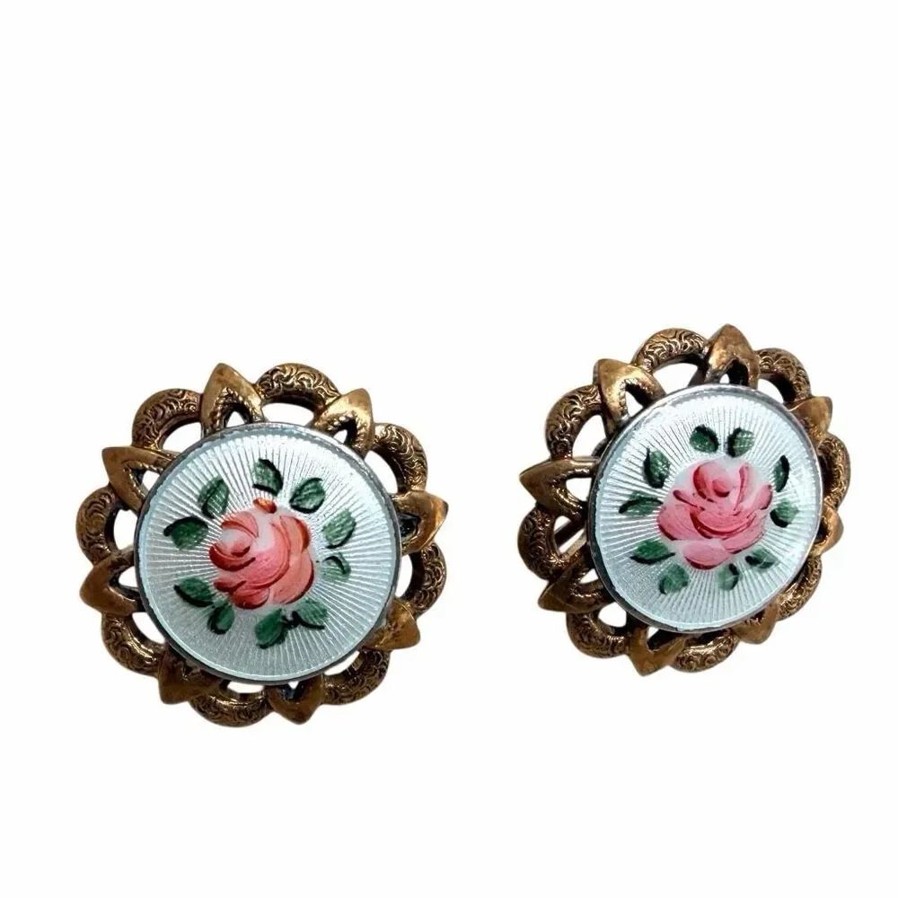 Vintage Hand Painted Rose Guilloché Enamel screw back Earrings Gold Tone Floral
